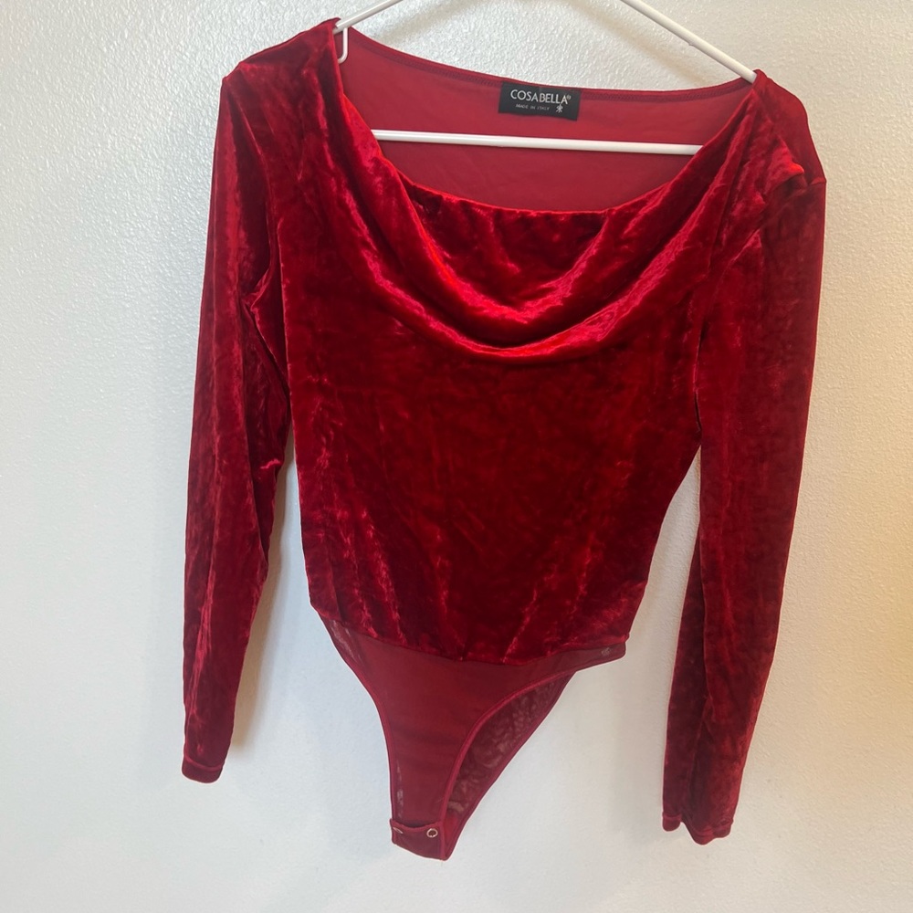 Cosabella Red Velvet Long Sleeve Bodysuit